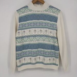 Alfred Dunner Fair Isle Knit Sweater Women's Medium Cottage Grandma Beaded